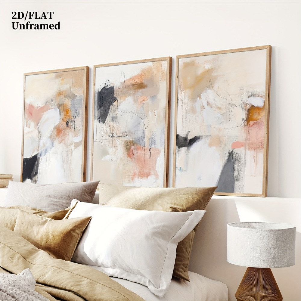 Abstract Canvas Set - 3 adet Çerçevesiz, Nötr Bej Allık